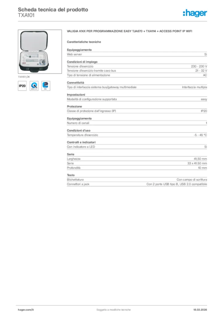 Immagine Hager Scheda tecnica del prodotto TXA101 | Hager Italia