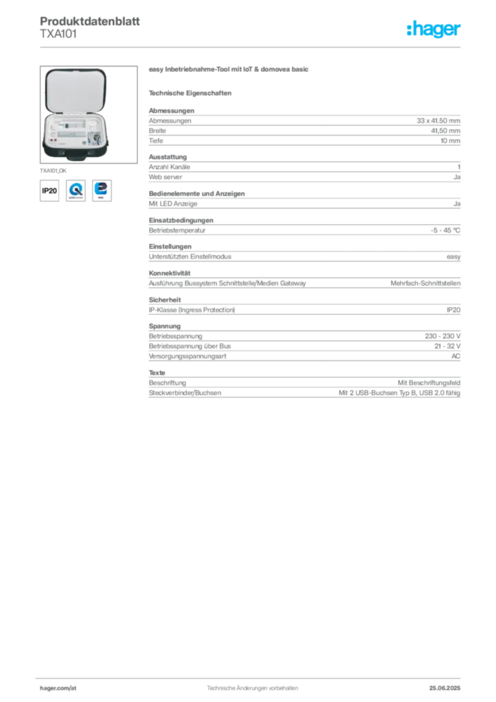 Bild Hager Produktdatenblatt TXA101 | Hager Deutschland