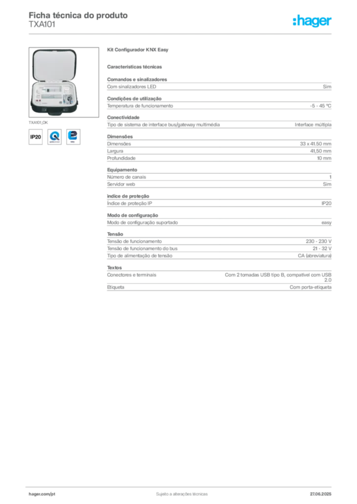 Imagem Hager Ficha técnica do produto TXA101 | Hager Portugal