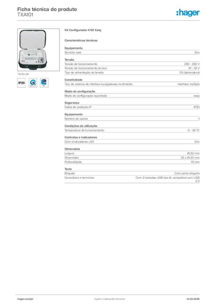 Imagem Hager Ficha técnica do produto TXA101 | Hager Portugal
