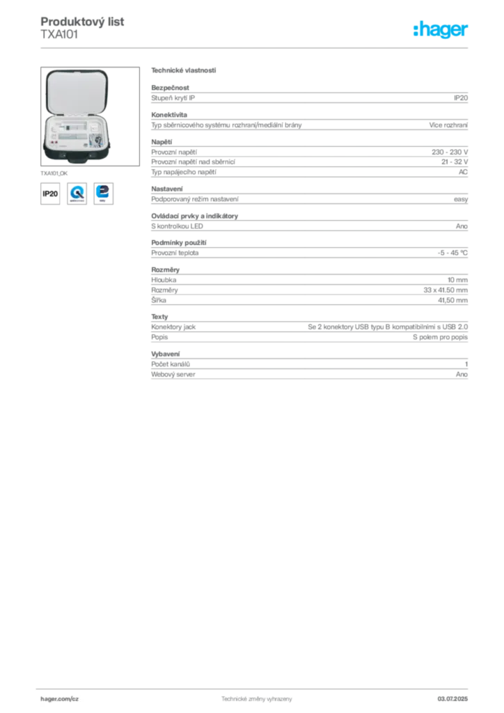 Obrázek Hager Produktový list TXA101 | Hager