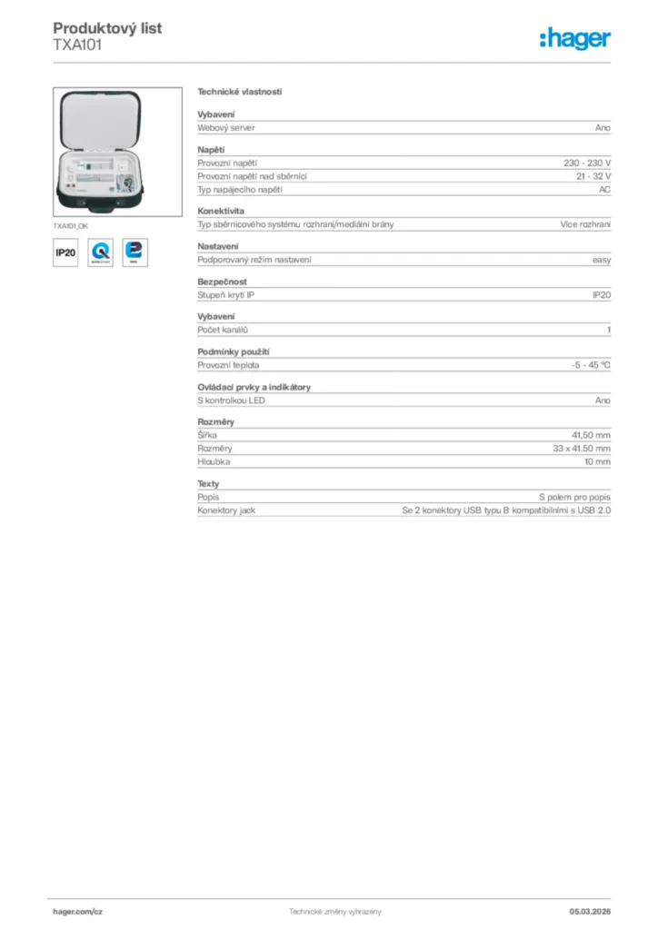 Obrázek Hager Product data sheet TXA101 | Hager