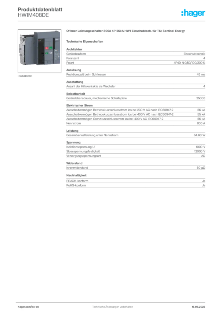 Bild Hager Produktdatenblatt HW1M408DE | Hager Schweiz