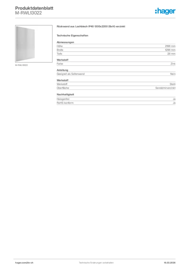 Bild Hager Produktdatenblatt M-RWL13022 | Hager Schweiz