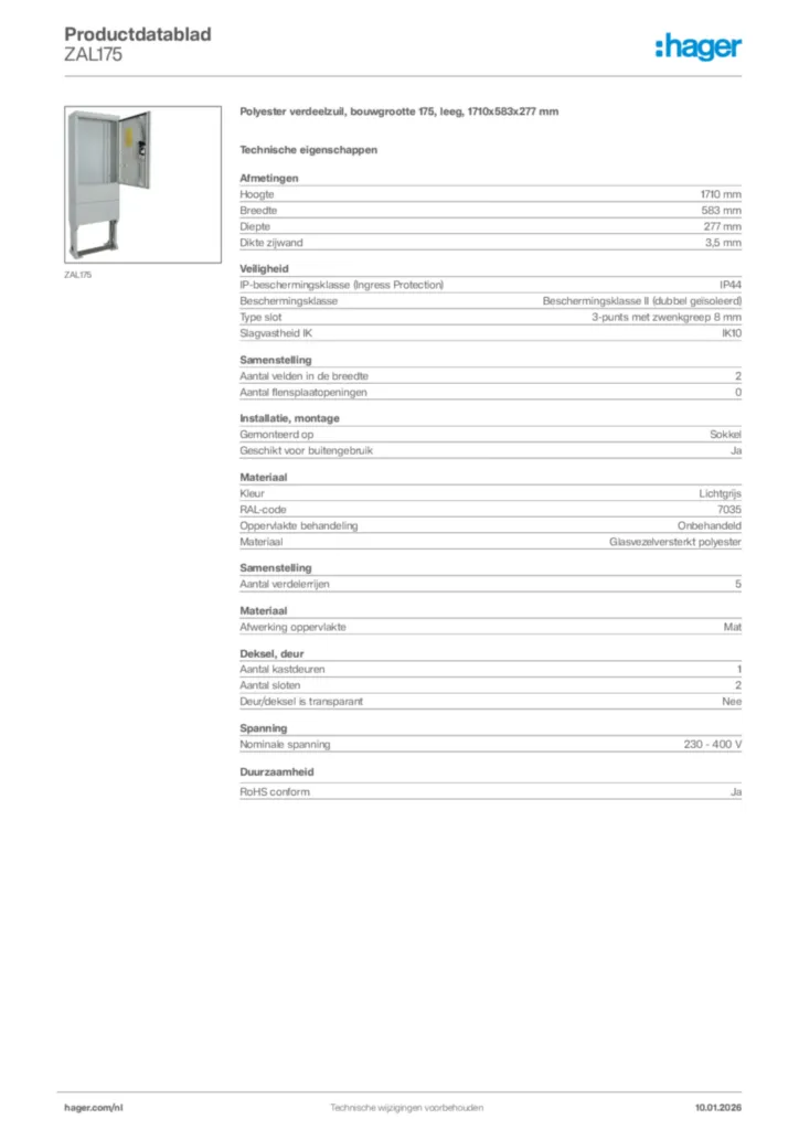 Afbeelding Hager Productdatablad ZAL175 | Hager Nederland