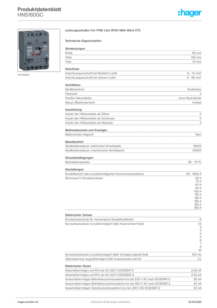 Bild Hager Produktdatenblatt HNS160GC | Hager Schweiz
