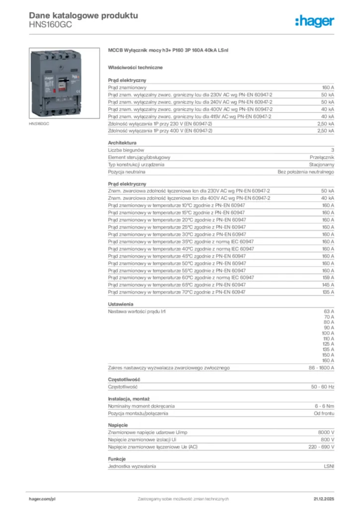 Zdjęcie Hager Dane katalogowe produktu HNS160GC | Hager Polska