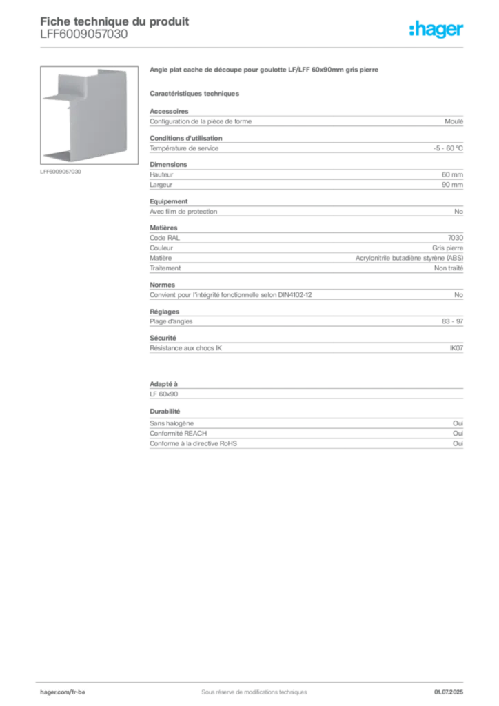 Image Hager Fiche technique du produit LFF6009057030 | Hager Belgique