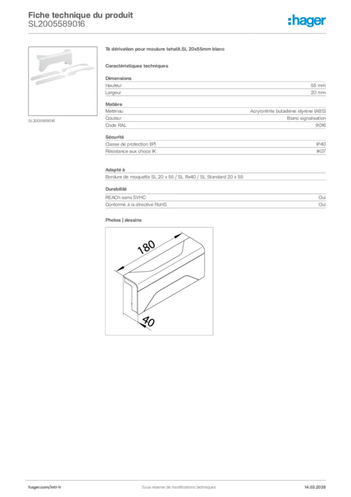 Image Hager Fiche technique du produit SL2005589016 | Hager Afrique