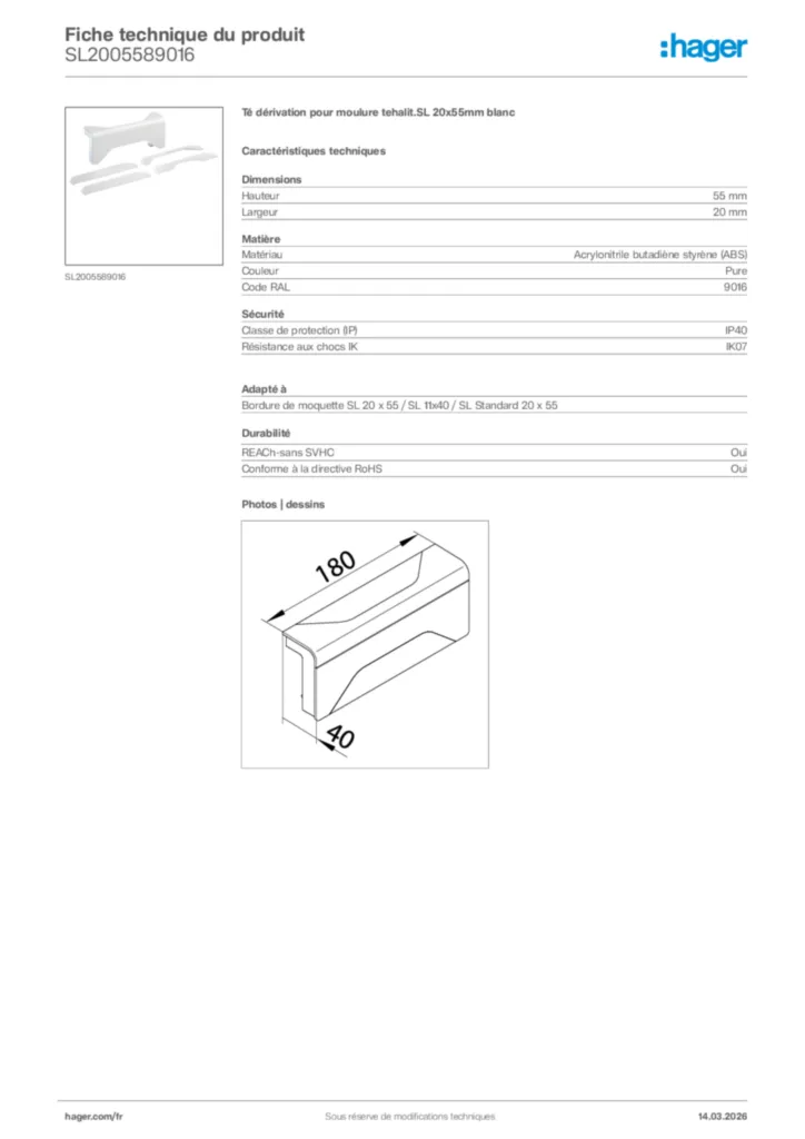 Image Hager Fiche technique du produit SL2005589016 | Hager France
