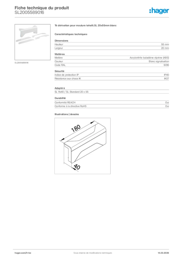 Image Hager Fiche technique du produit SL2005589016 | Hager Belgique