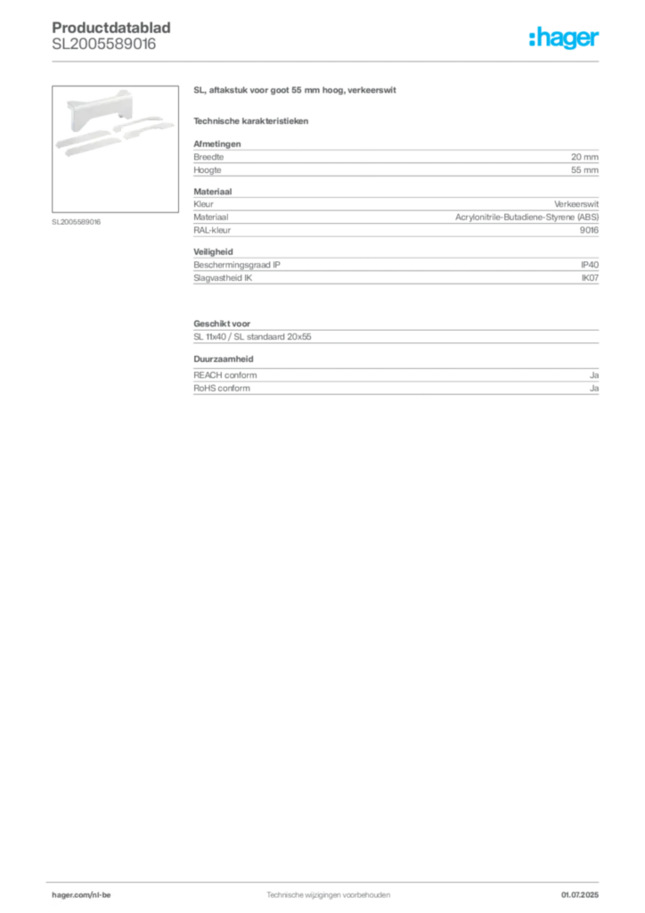 Afbeelding Hager Productdatablad SL2005589016 | Hager Belgium