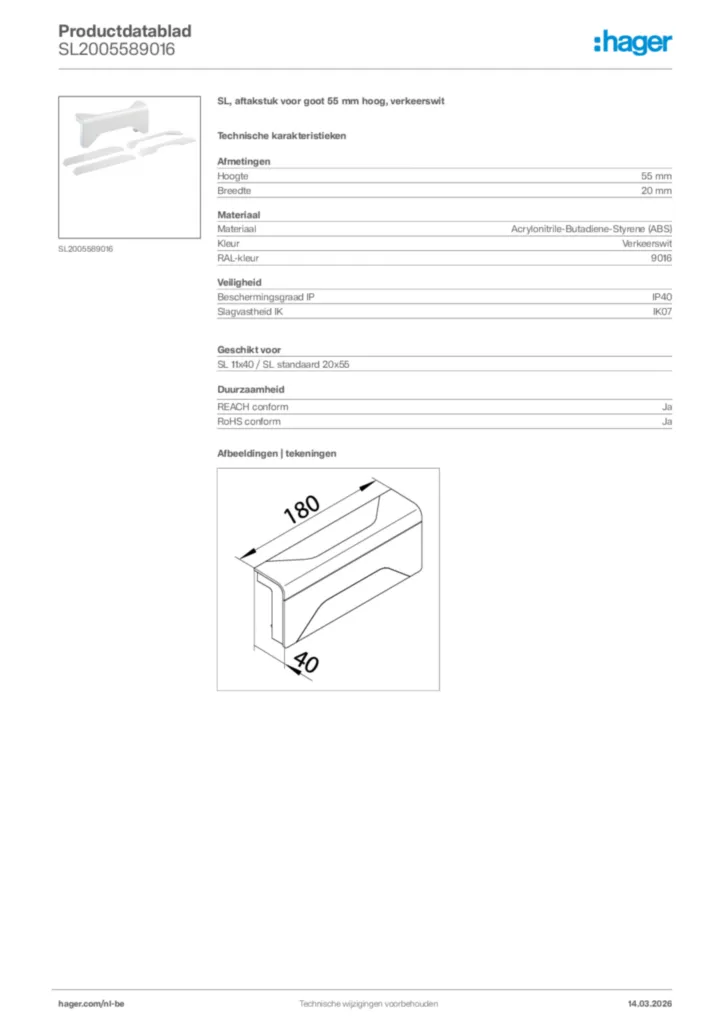Afbeelding Hager Productdatablad SL2005589016 | Hager Belgium
