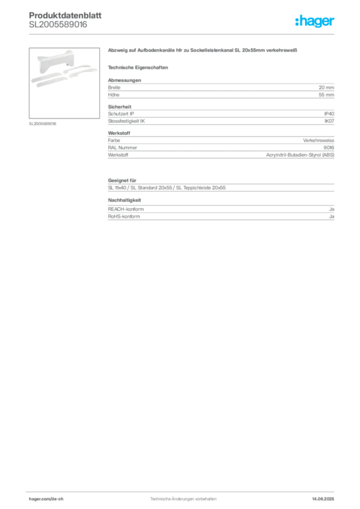 Bild Hager Produktdatenblatt SL2005589016 | Hager Schweiz