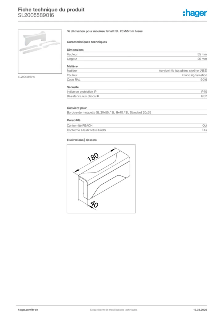 Image Hager Fiche technique du produit SL2005589016 | Hager Suisse