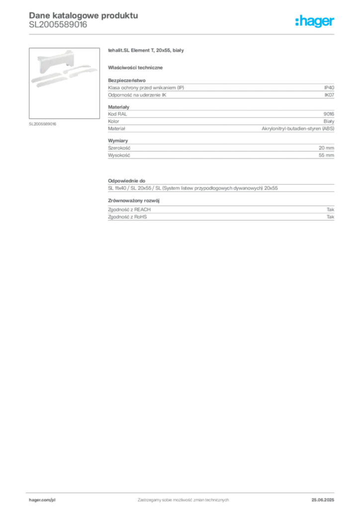 Zdjęcie Hager Dane katalogowe produktu SL2005589016 | Hager Polska
