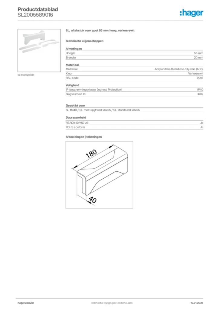 Afbeelding Hager Productdatablad SL2005589016 | Hager Nederland
