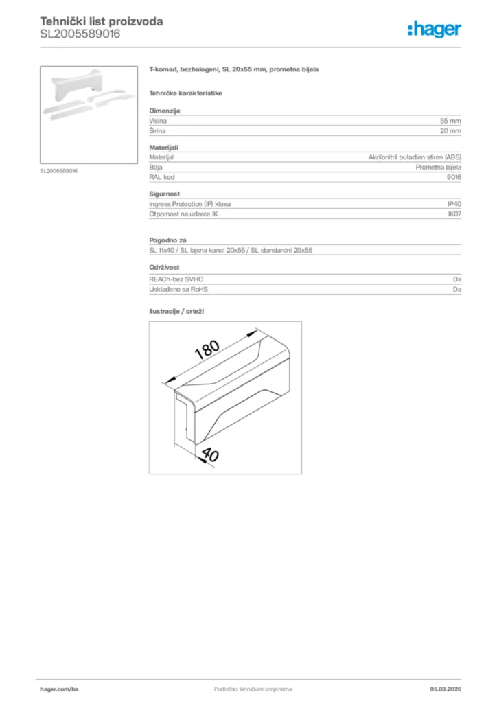 Slika Hager Tehnički list proizvoda SL2005589016  | Hager