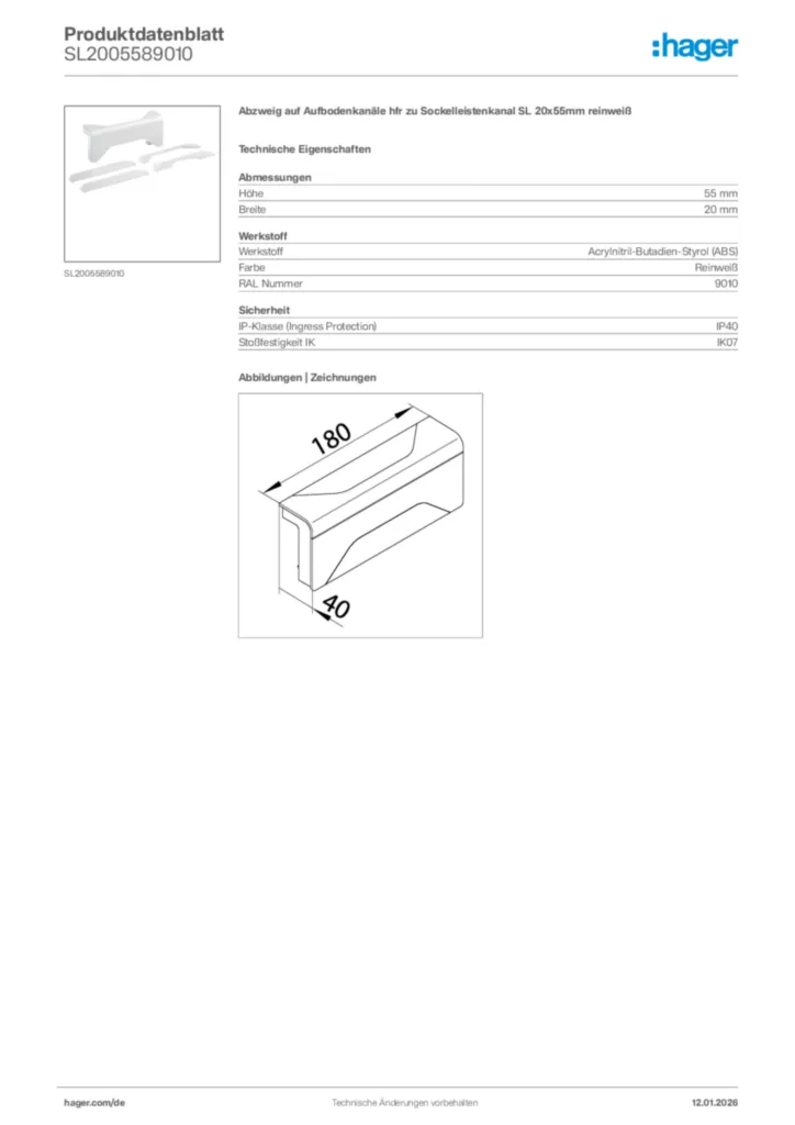 Bild Hager Produktdatenblatt SL2005589010 | Hager Deutschland