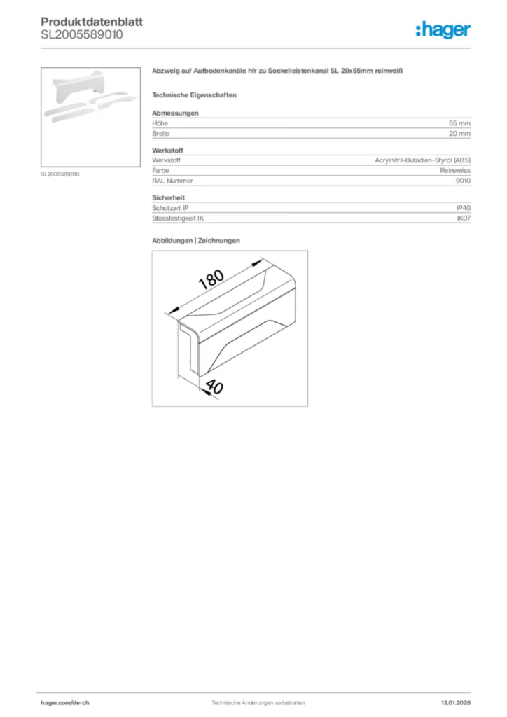 Bild Hager Produktdatenblatt SL2005589010 | Hager Schweiz