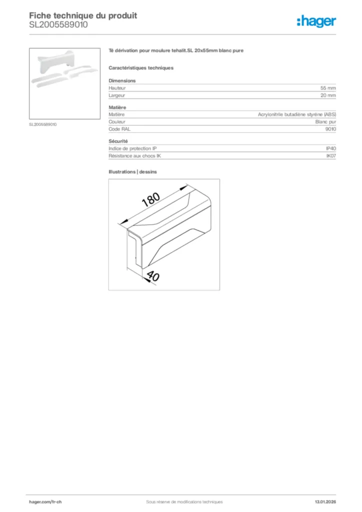 Image Hager Fiche technique du produit SL2005589010 | Hager Suisse