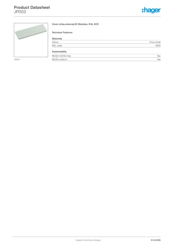 Image Hager Product data sheet JP003  | Hager Africa