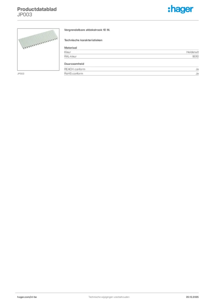 Afbeelding Hager Productdatablad JP003 | Hager Belgium