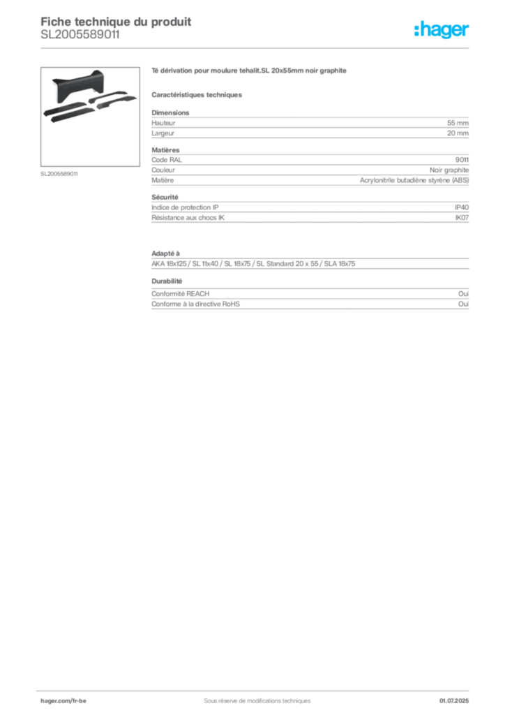 Image Hager Fiche technique du produit SL2005589011 | Hager Belgique