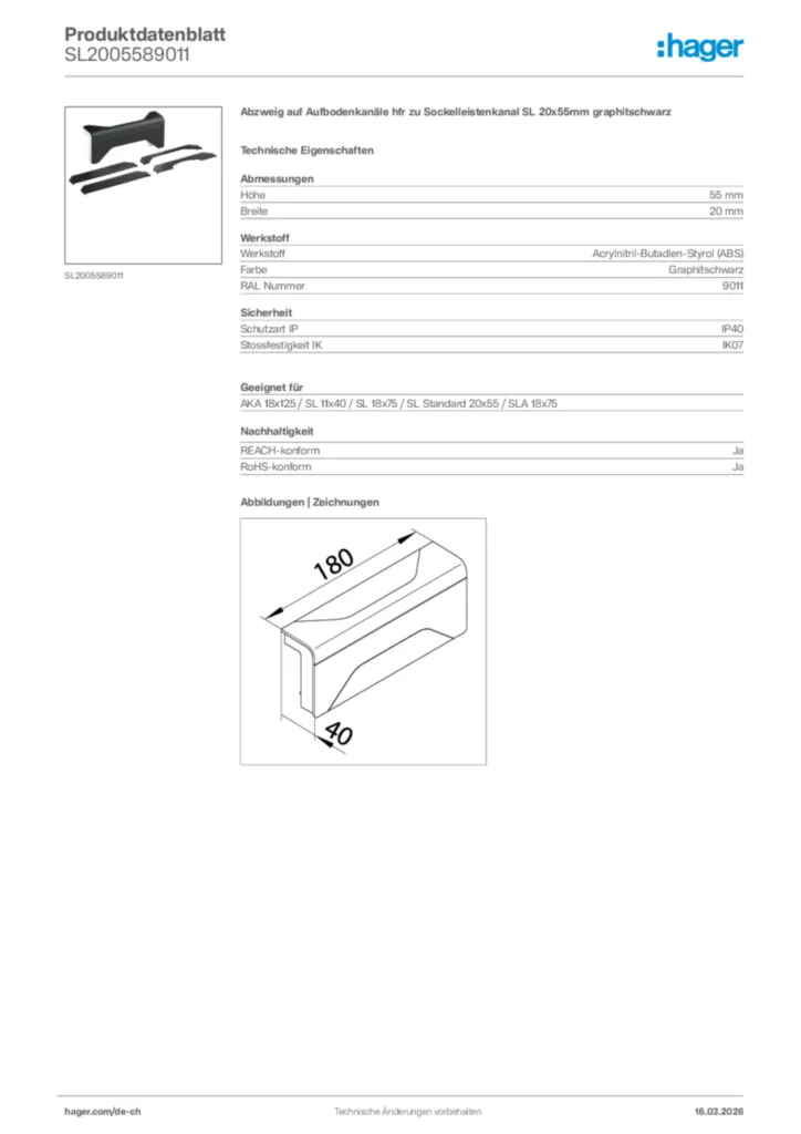 Bild Hager Produktdatenblatt SL2005589011 | Hager Schweiz