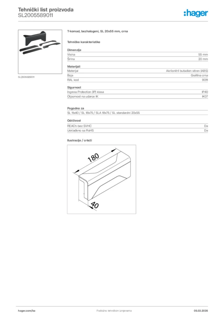 Slika Hager Tehnički list proizvoda SL2005589011  | Hager
