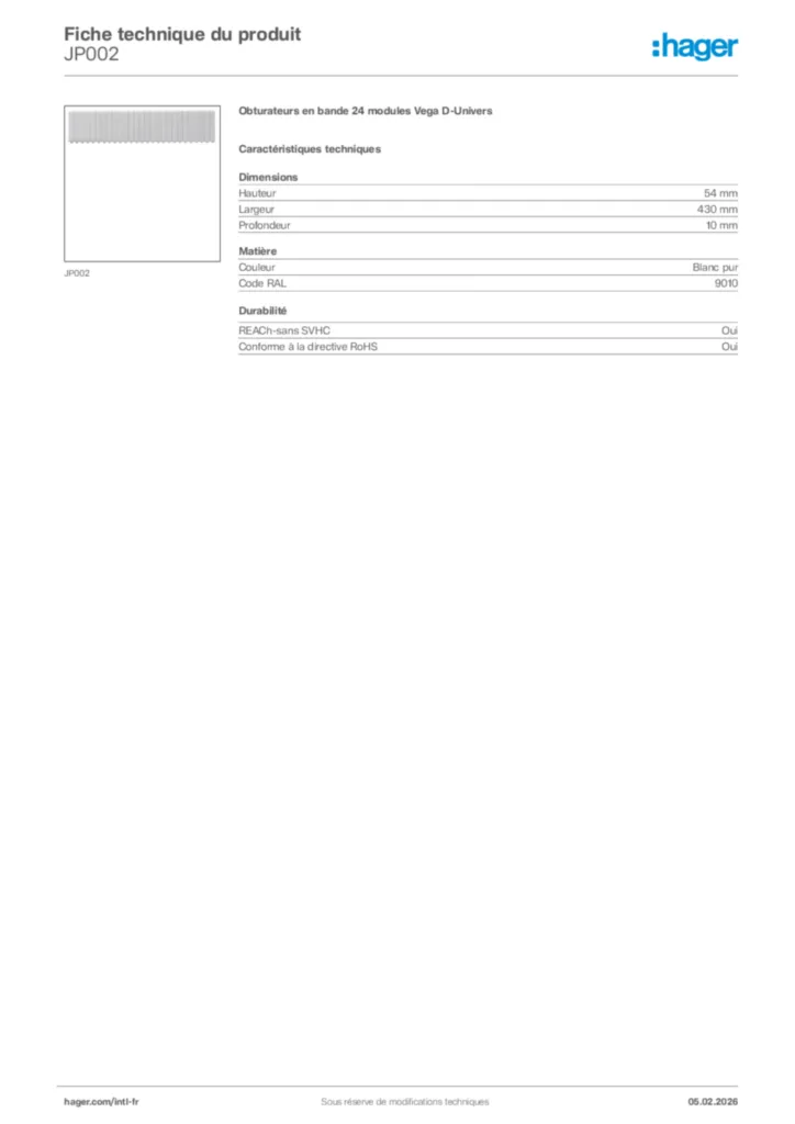 Image Hager Fiche technique du produit JP002 | Hager Afrique