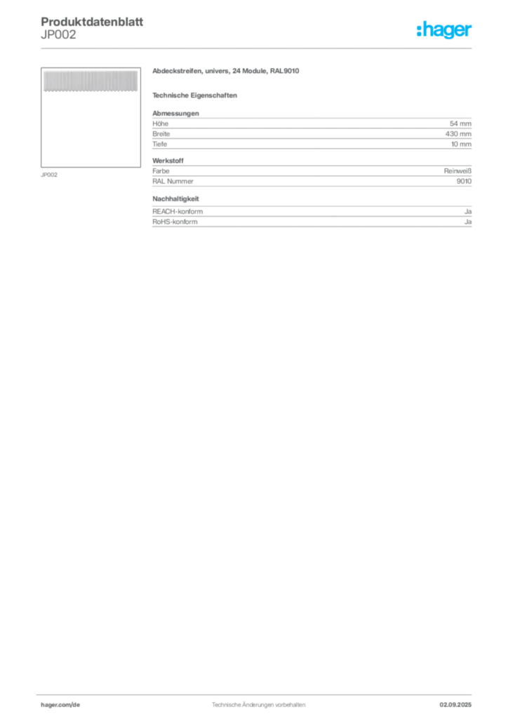 Hager Produktdatenblatt JP002