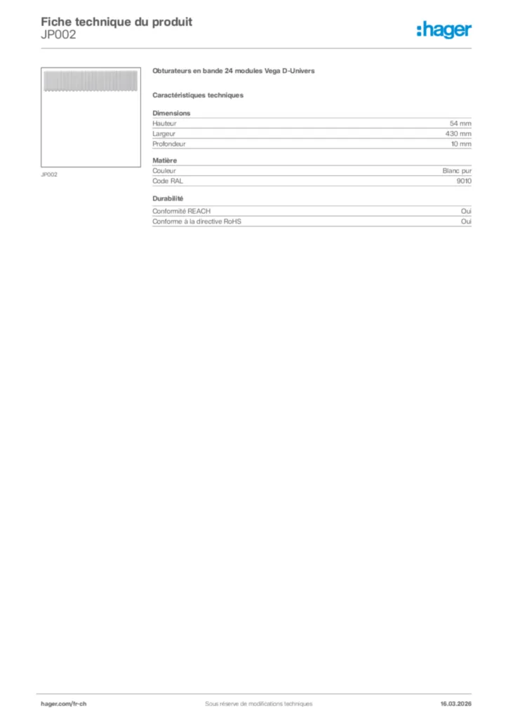 Image Hager Fiche technique du produit JP002 | Hager Suisse