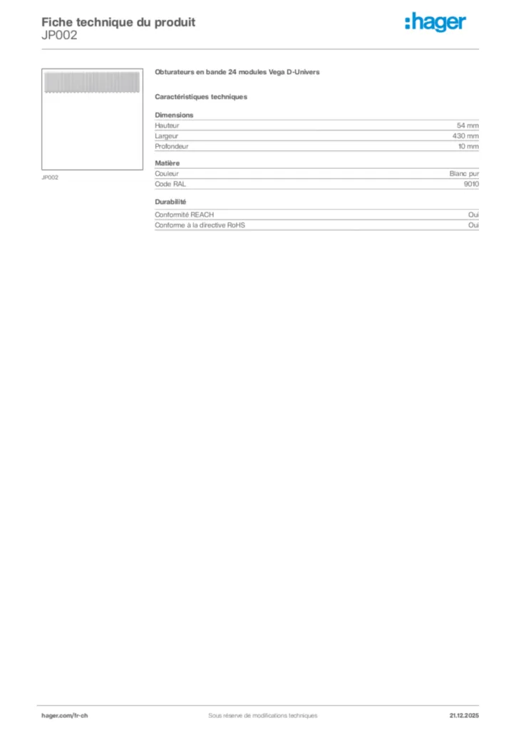 Image Hager Fiche technique du produit JP002 | Hager Suisse