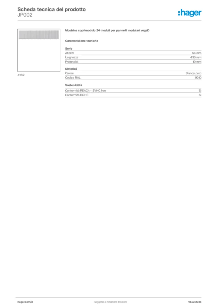 Immagine Hager Scheda tecnica del prodotto JP002 | Hager Italia