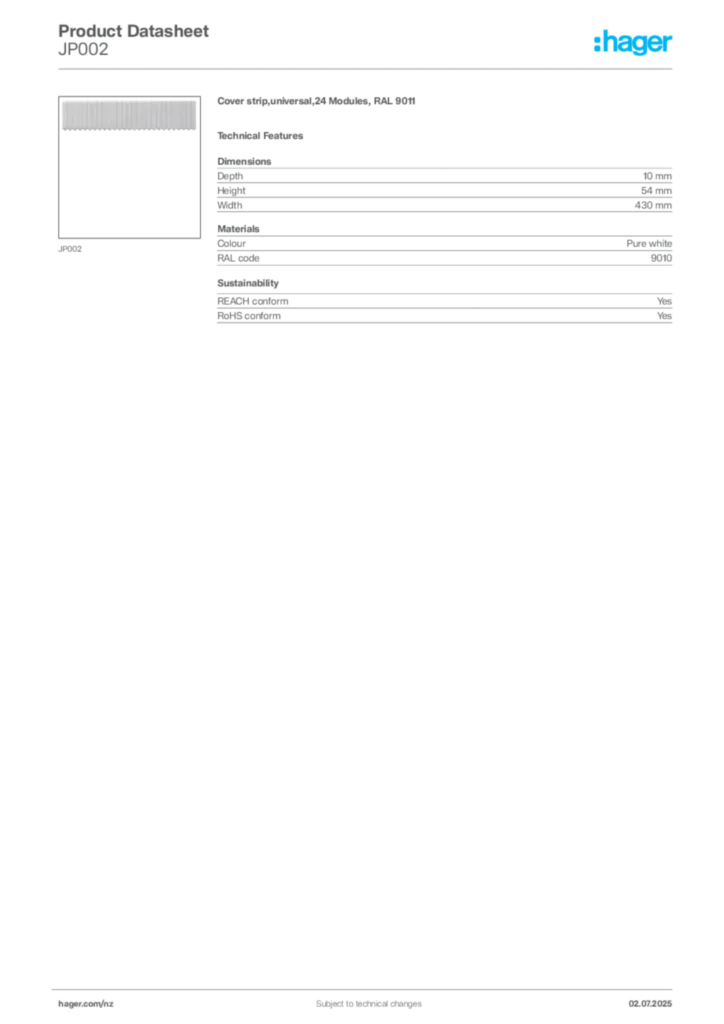 Image Hager Product data sheet JP002  | Hager New Zealand