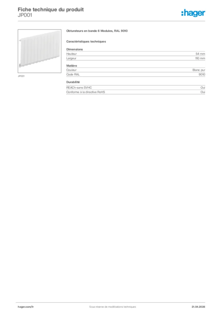 Image Hager Fiche technique du produit JP001 | Hager France