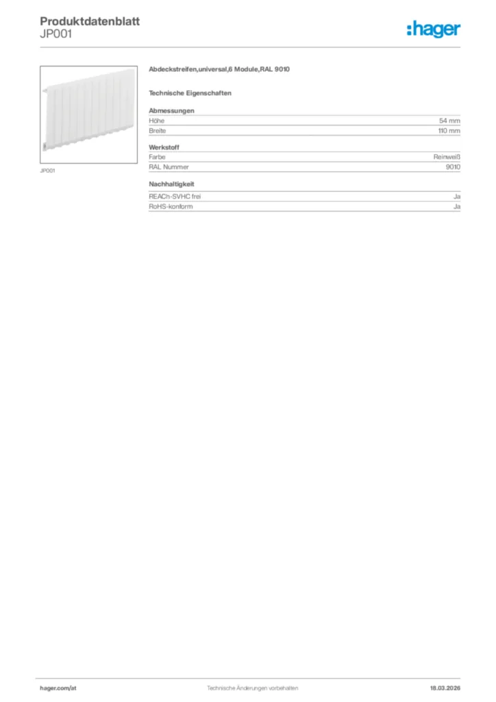 Bild Hager Produktdatenblatt JP001 | Hager Deutschland