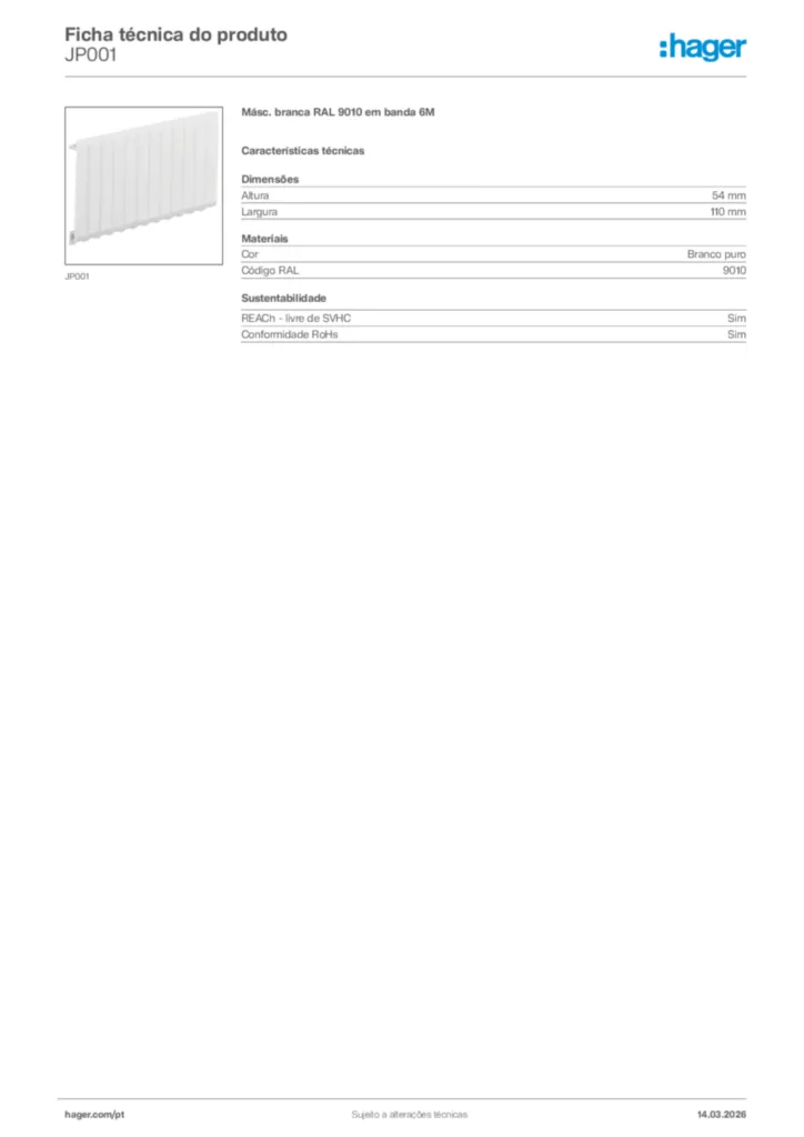 Imagem Hager Ficha técnica do produto JP001 | Hager Portugal