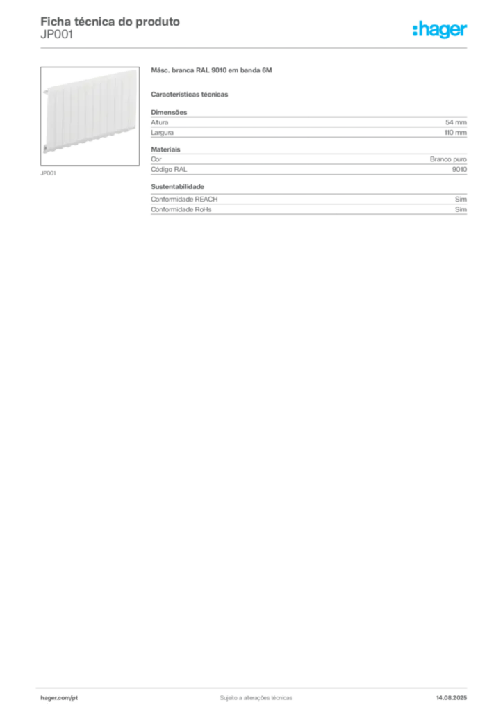 Imagem Hager Ficha técnica do produto JP001 | Hager Portugal