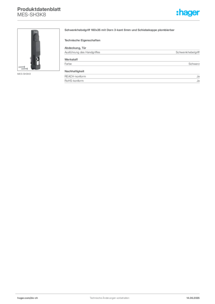 Bild Hager Produktdatenblatt MES-SH3K8 | Hager Schweiz