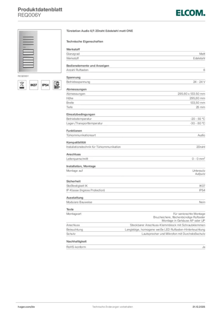 Bild Elcom Produktdatenblatt REQ006Y | Hager Deutschland