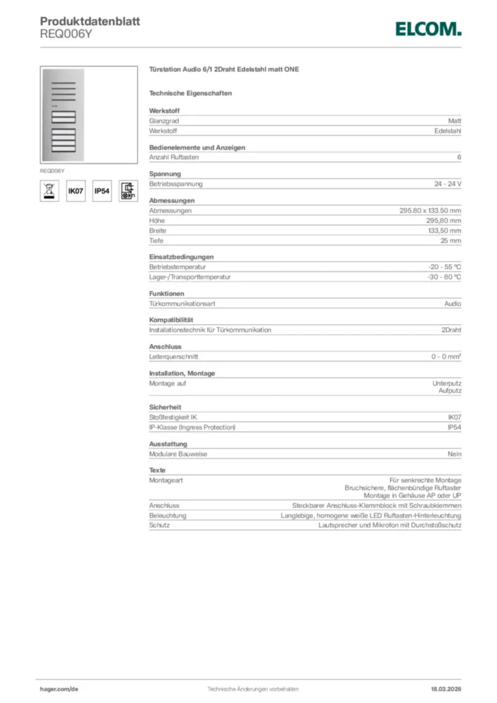 Bild Elcom Produktdatenblatt REQ006Y | Hager Deutschland