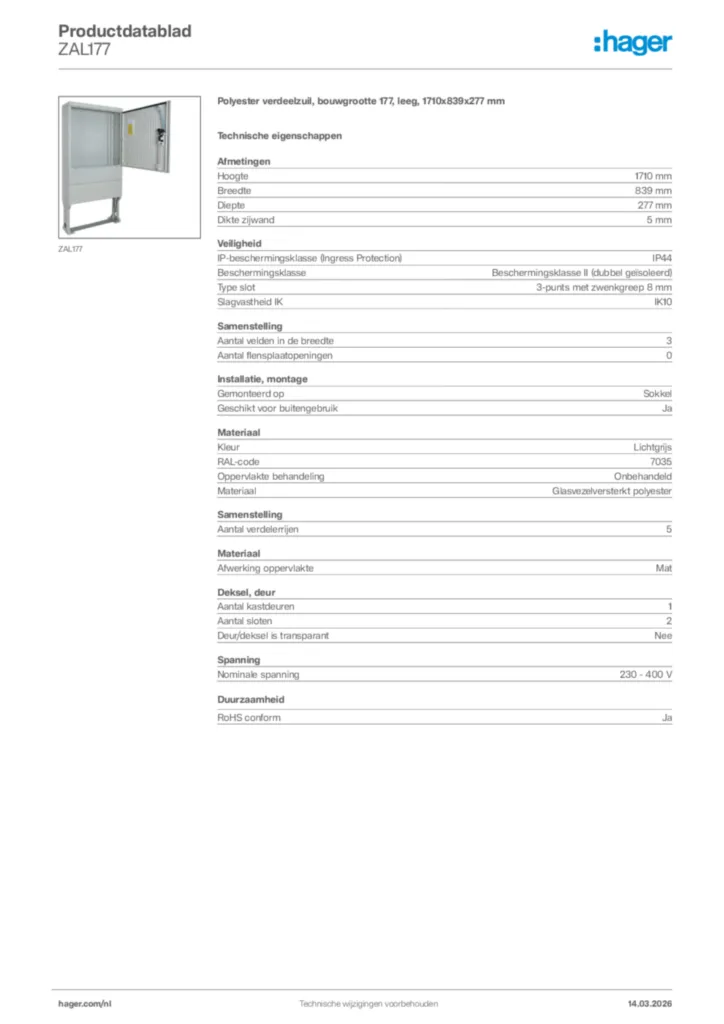 Afbeelding Hager Productdatablad ZAL177 | Hager Nederland
