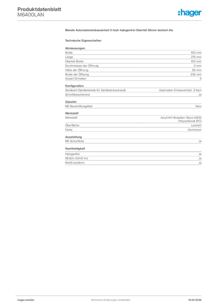 Bild Hager Produktdatenblatt M6400LAN | Hager Deutschland