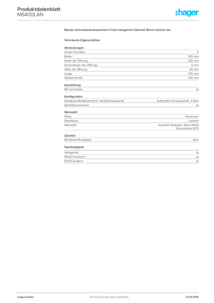 Hager Produktdatenblatt M6400LAN