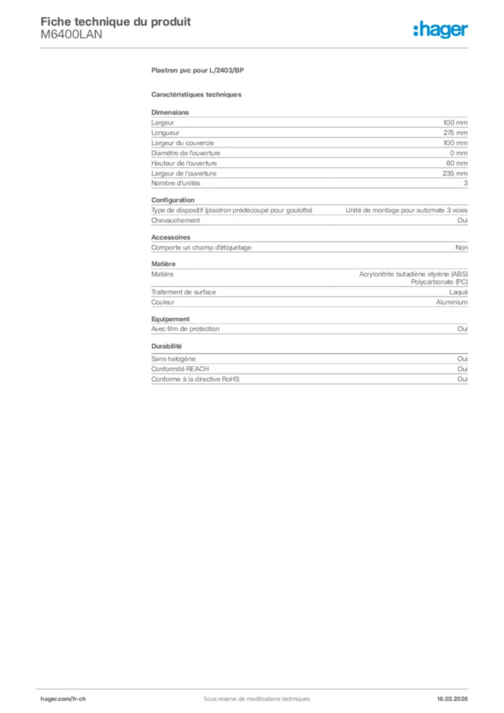 Image Hager Fiche technique du produit M6400LAN | Hager Suisse