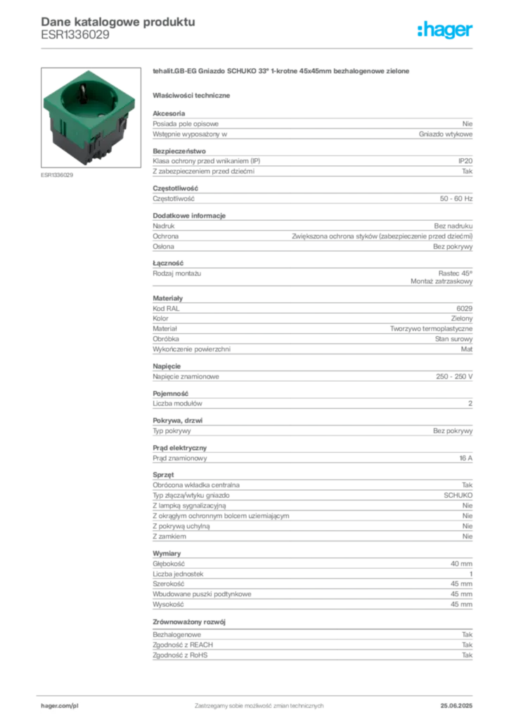 Zdjęcie Hager Dane katalogowe produktu ESR1336029 | Hager Polska