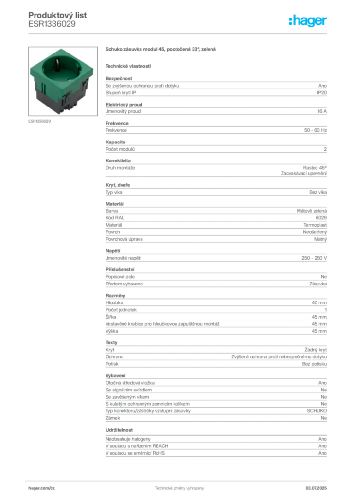 Obrázek Hager Produktový list ESR1336029 | Hager