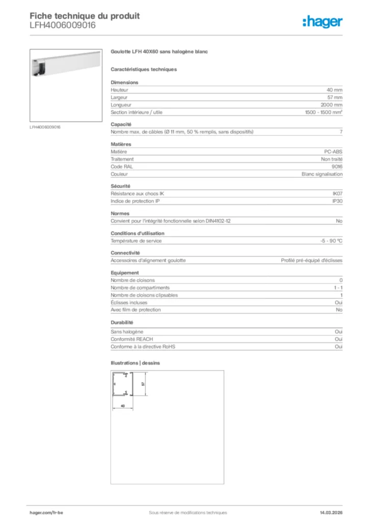 Image Hager Fiche technique du produit LFH4006009016 | Hager Belgique